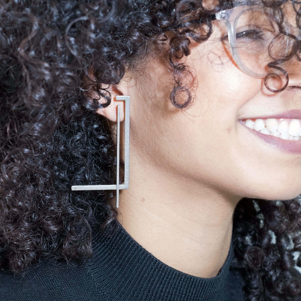cue _ metal 3d printed asymmetrical earrings